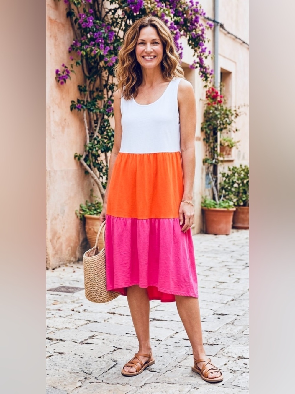 Tash + Sophie Colorblock Tiered Midi Dress - Pink, Orange & White - Size XL